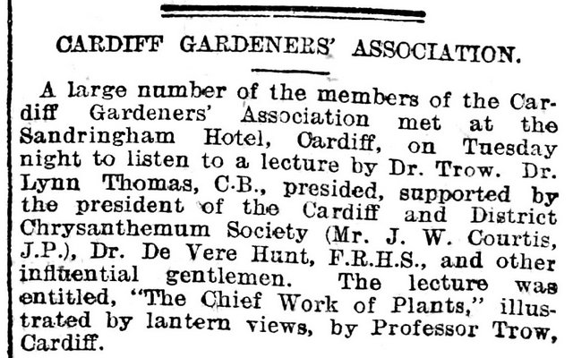 Cardiff Gardeners'Association, Evening Express 5th October 1904