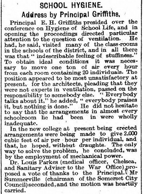School Hygiene. Address by Principal Griffiths, The Cardiff Times 18th July 1908