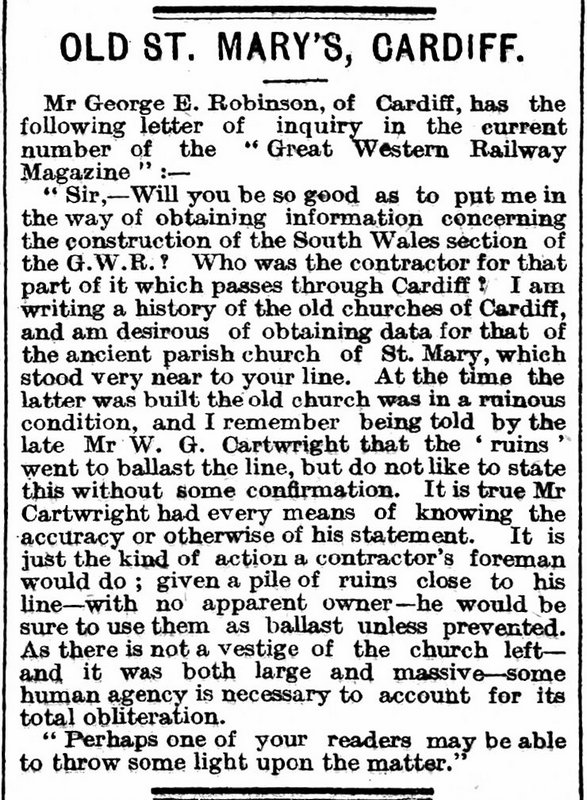 Old St. Mary's, Cardiff, The Cardiff Times 7th May 1910