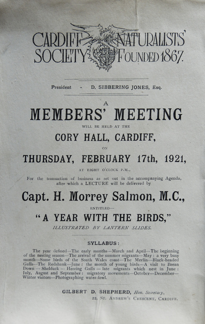 Lecture Programme from 1921 - Morrey Salmon's First lecture to the society