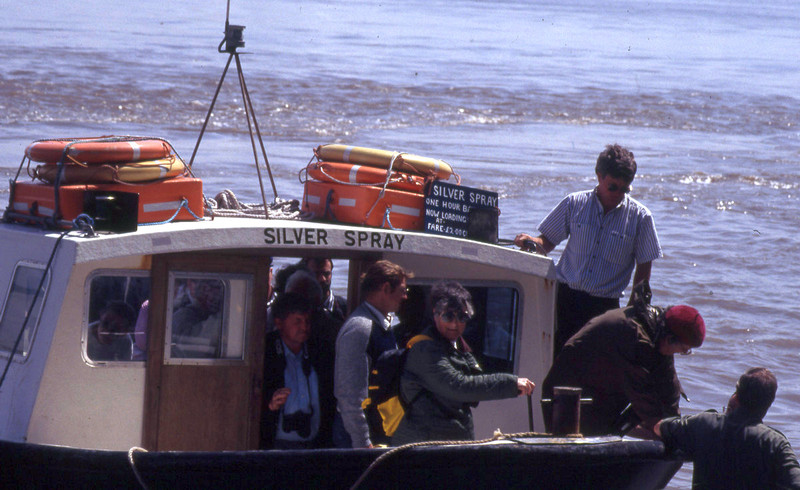 Mairead Sutherland (with backpack smiling) about to alight from the boat to Steepholm, June 1992