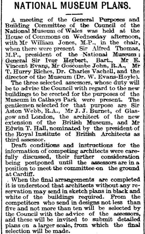 National Museum Plans,The Cardiff Times 22nd May 1909