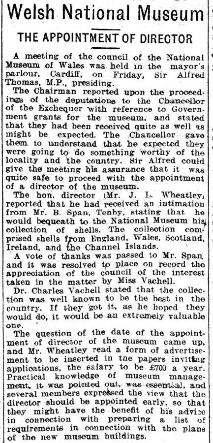  Welsh National Museum, The Appointment Of Director, Evening Express 26th September 1908 