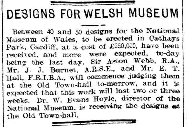 Designs For Welsh Museum, Evening Express 31st January 1910