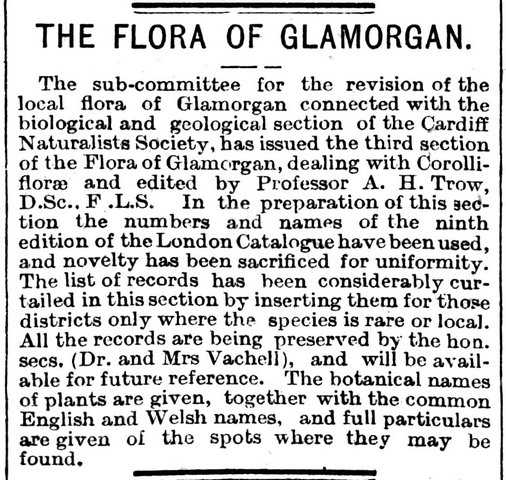 The Flora Of Glamorgan, The Cardiff Times 29th May 1909