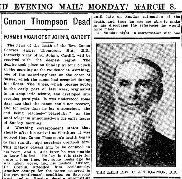 Evening Express 8th March 1909 Canon Thompson Dead