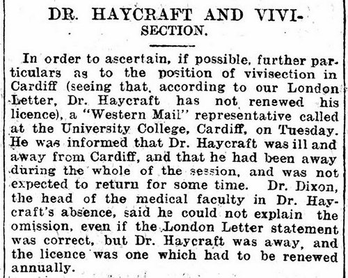 Dr. Haycraft And Vivisection, Evening Express 14th June 1899 