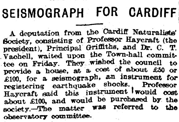 Seismograph for Cardiff, Evening Express 15th June 1907
