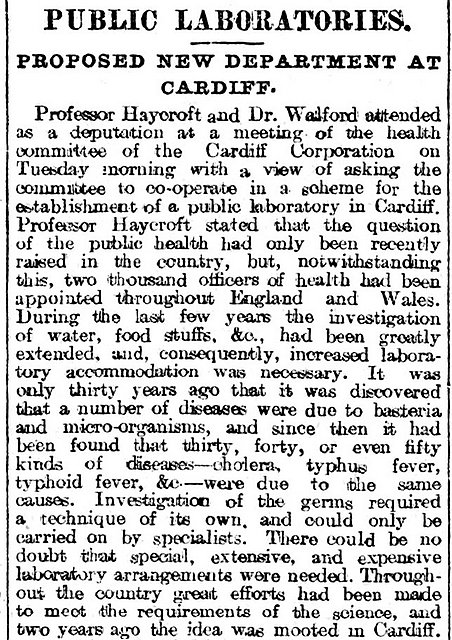 Public Laboratories. Proposed New Department At Cardiff, Evening Express 23rd March 1897 