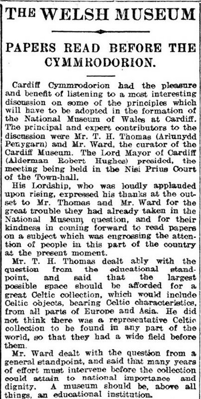 T H Thomas speaking to the  Cardiff Cymmrodorion, Weekly Mail 11th November 1905