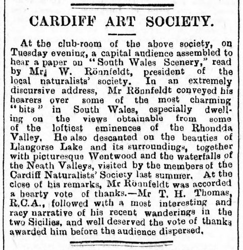 Lecture to Cardiff Art Society  South Wales Daily News 15th January 1890